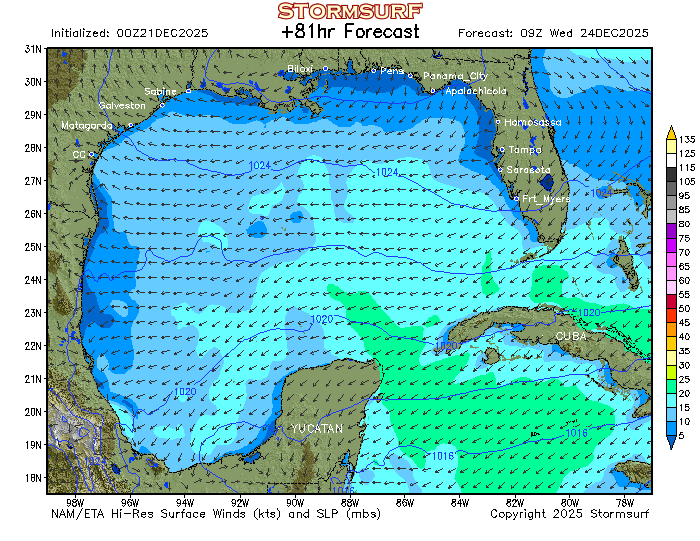 Gulf Of Mexico Wind Map Weather Model - Gulf Of Mexico Wind Speed And Direction (Stormsurf)